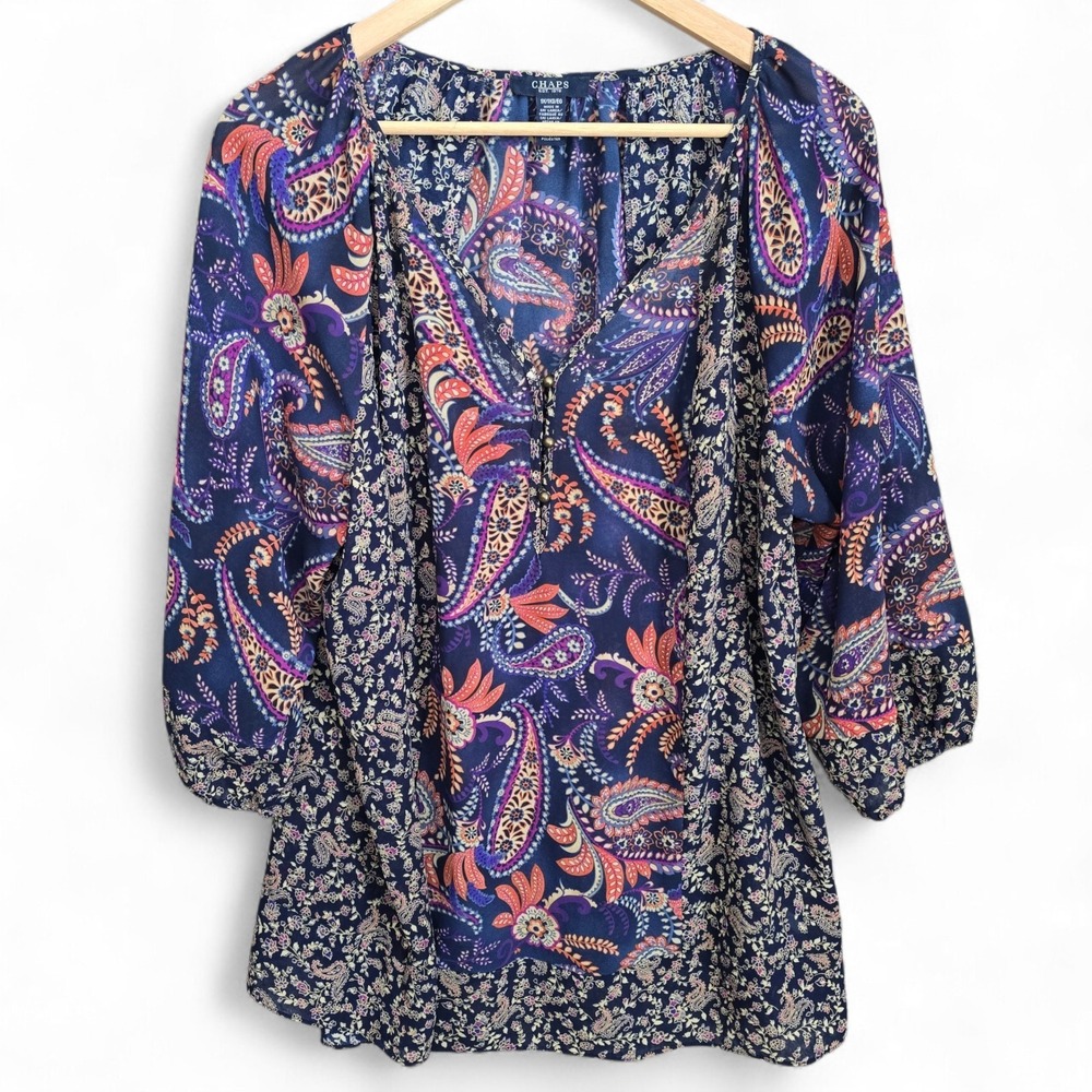Chaps Top Womens Plus 1X Blue Paisley Print Sheer Peasant Blouse‎ 3/4 Sleeve
